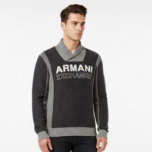Armani Exchange Colorblock Logo Crossover Shawl Collar Sweater Black Grey XL EUC